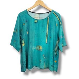 3 Potato Top L/XL Womens Teal Abstract Artsy Lagenlook Pockets Art To Wear Boxy